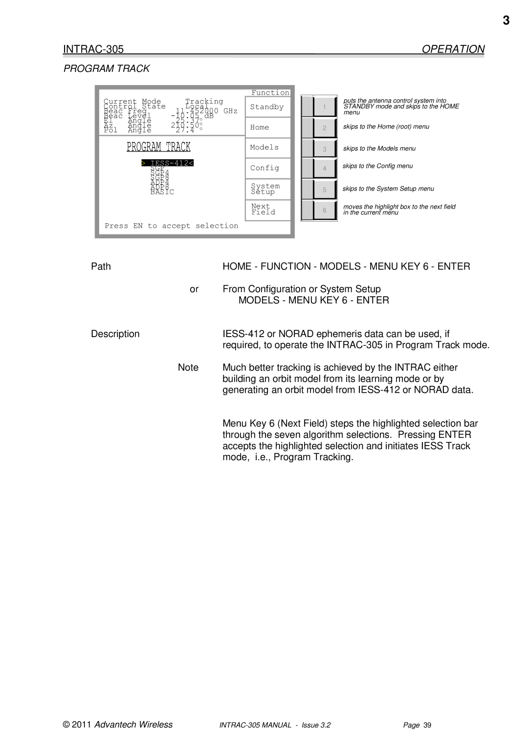 Advantech INTRAC-305 user manual Program Track, Home Function Models Menu KEY 6 Enter 