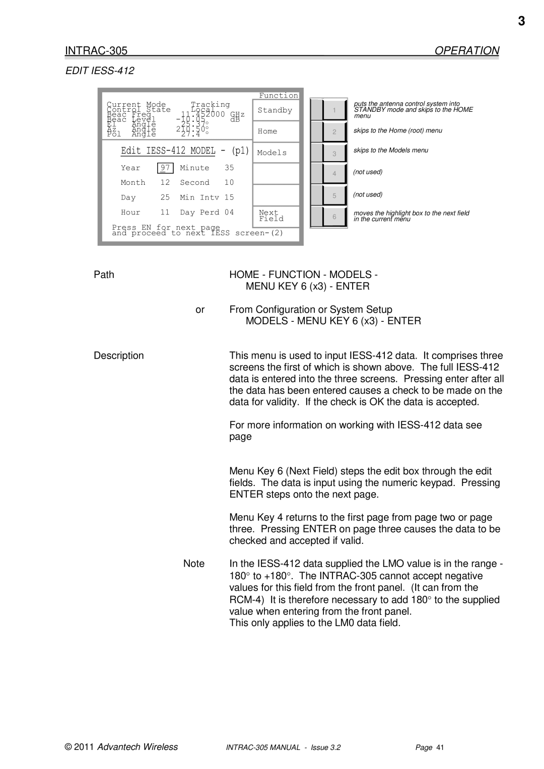 Advantech user manual Operation, INTRAC-305EDIT IESS-412 