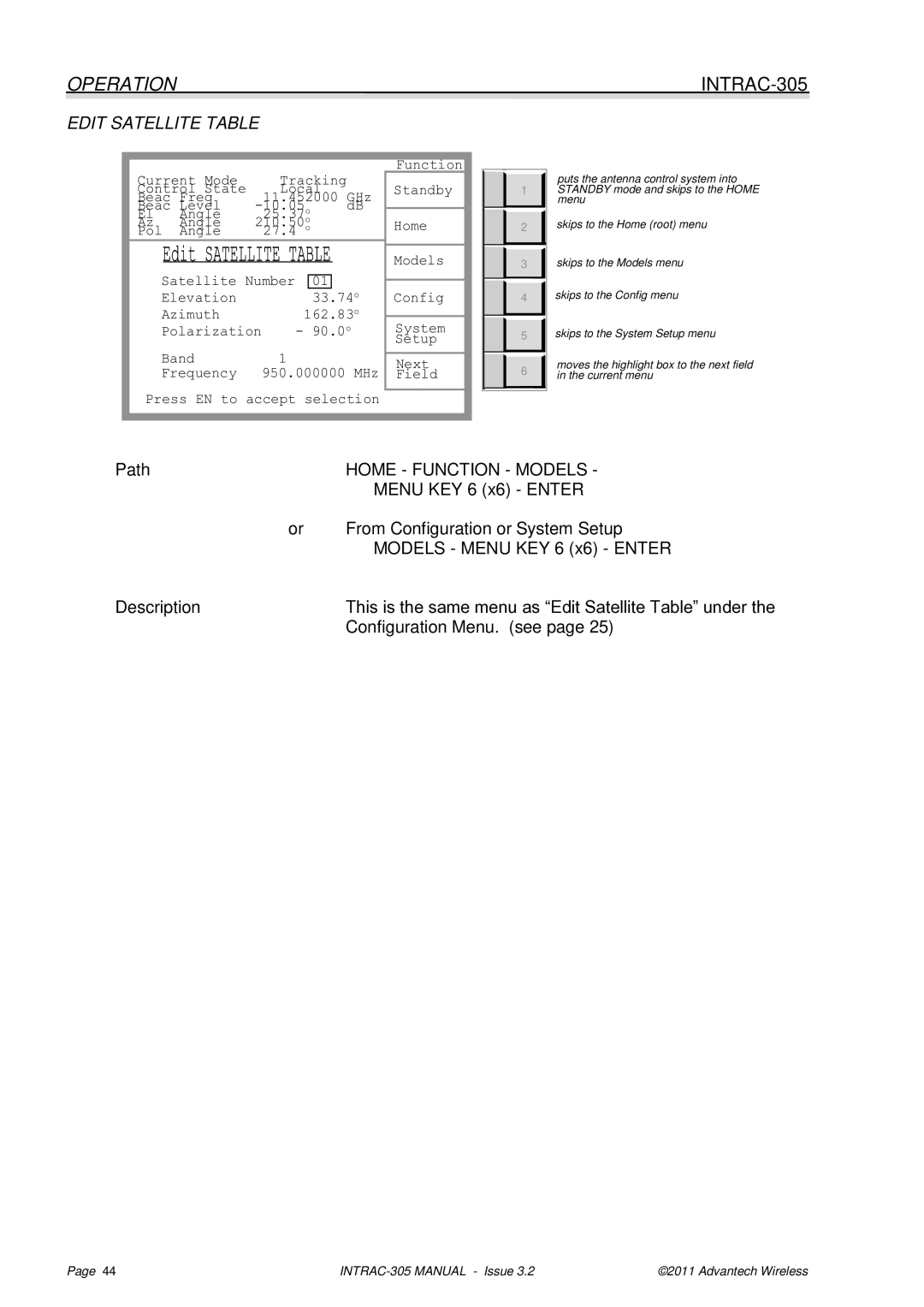 Advantech INTRAC-305 user manual Edit Satellite Table 