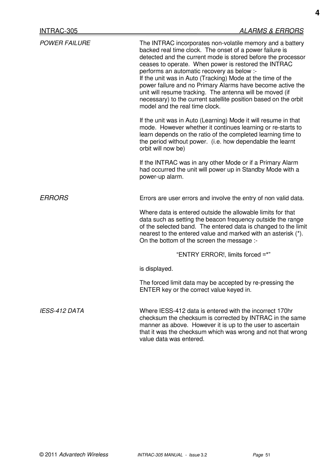 Advantech user manual INTRAC-305 Alarms & Errors, Power Failure, IESS-412 Data 