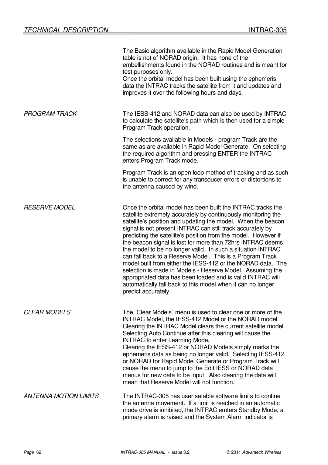 Advantech INTRAC-305 user manual Technical Description, Antenna Motion Limits 