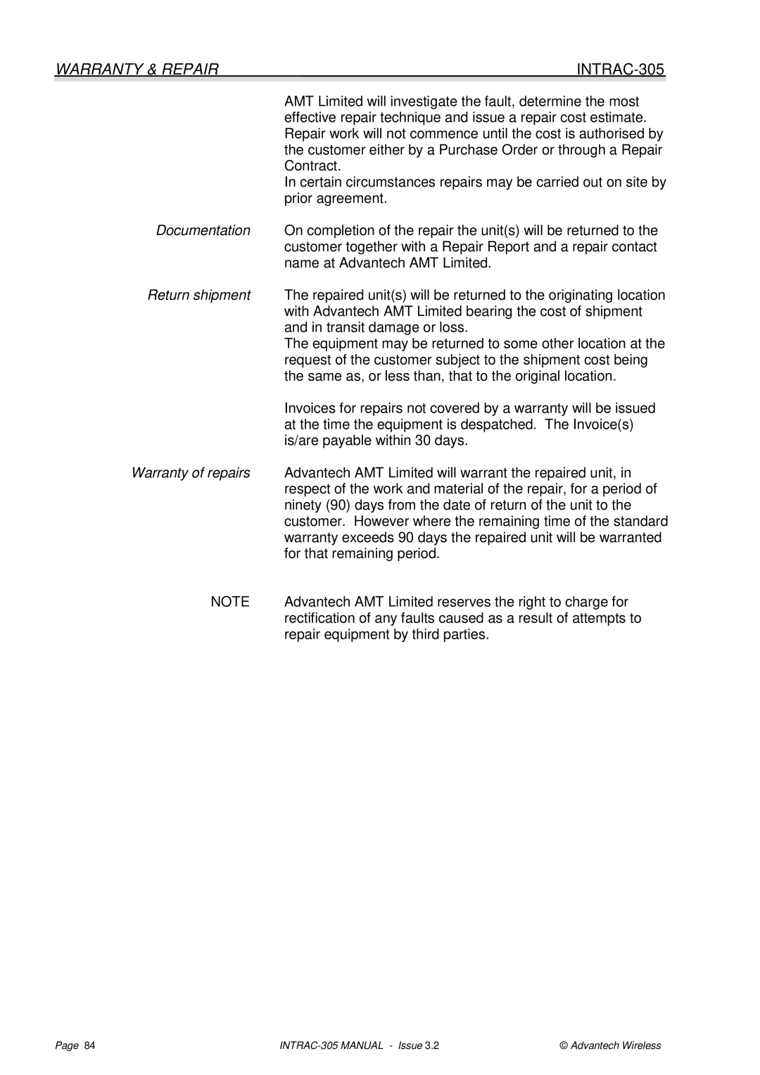 Advantech INTRAC-305 user manual AMT Limited will investigate the fault, determine the most, Contract, Prior agreement 