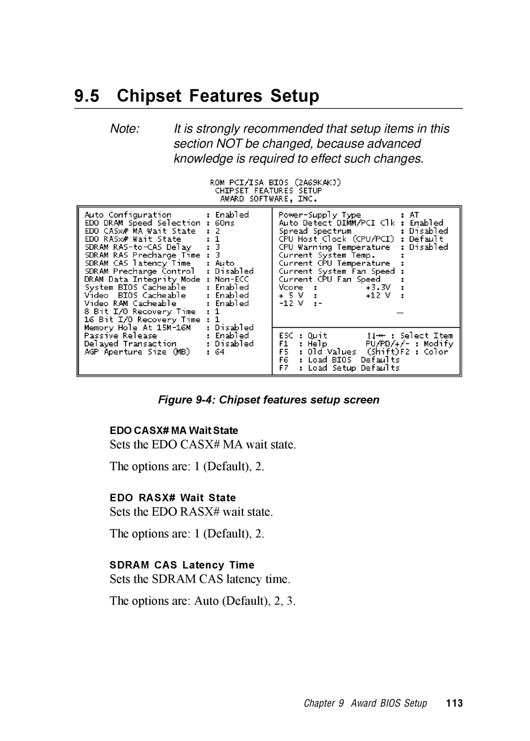 Advantech IPPC-9120, IPPC-9150 user manual Chipset Features Setup, Knowledge is required to effect such changes 