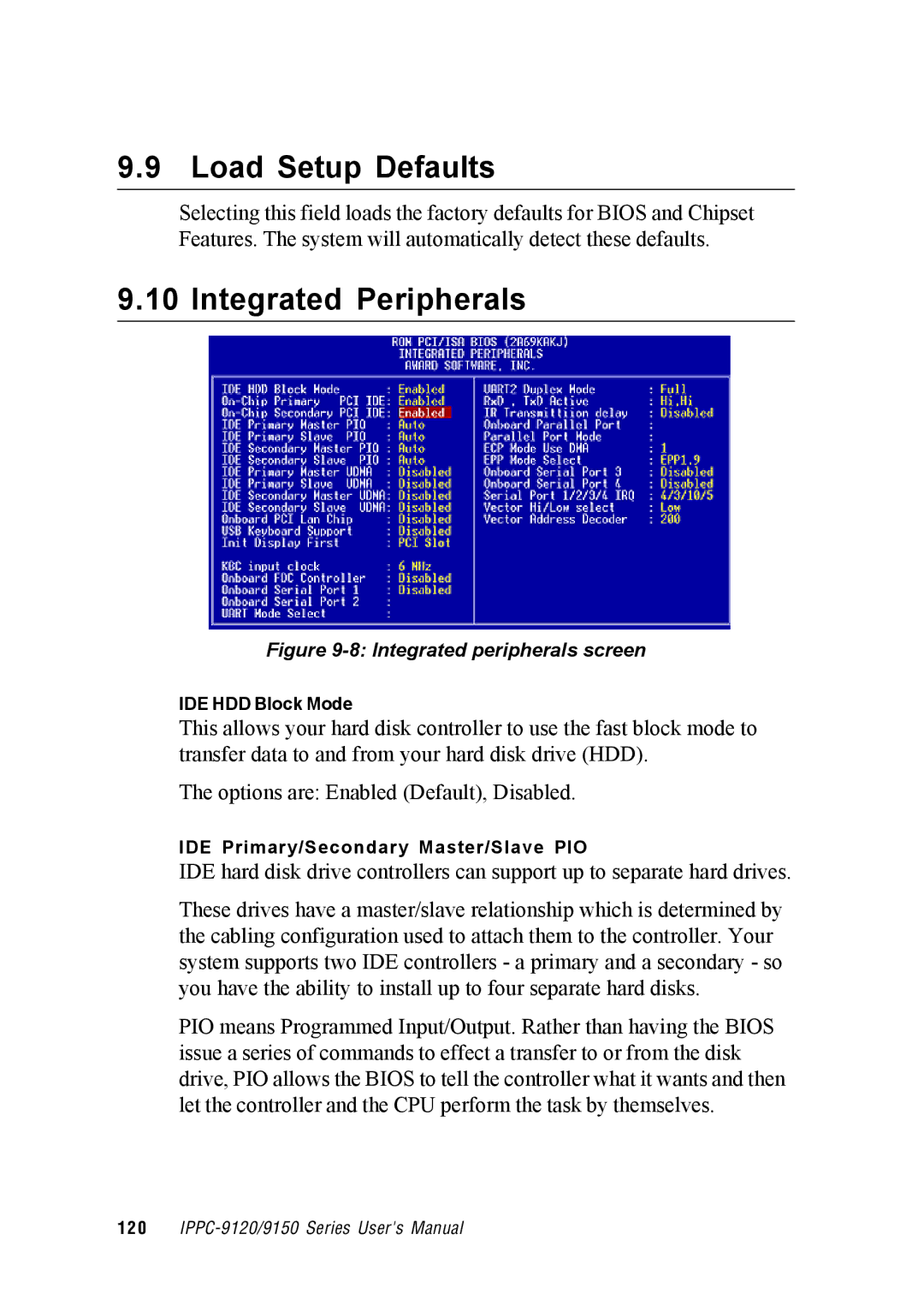 Advantech IPPC-9150, IPPC-9120 user manual Load Setup Defaults, Integrated Peripherals 