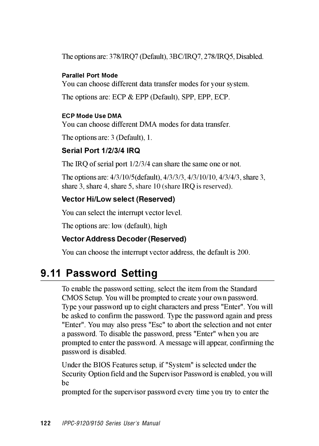 Advantech IPPC-9150, IPPC-9120 user manual Password Setting, Serial Port 1/2/3/4 IRQ 