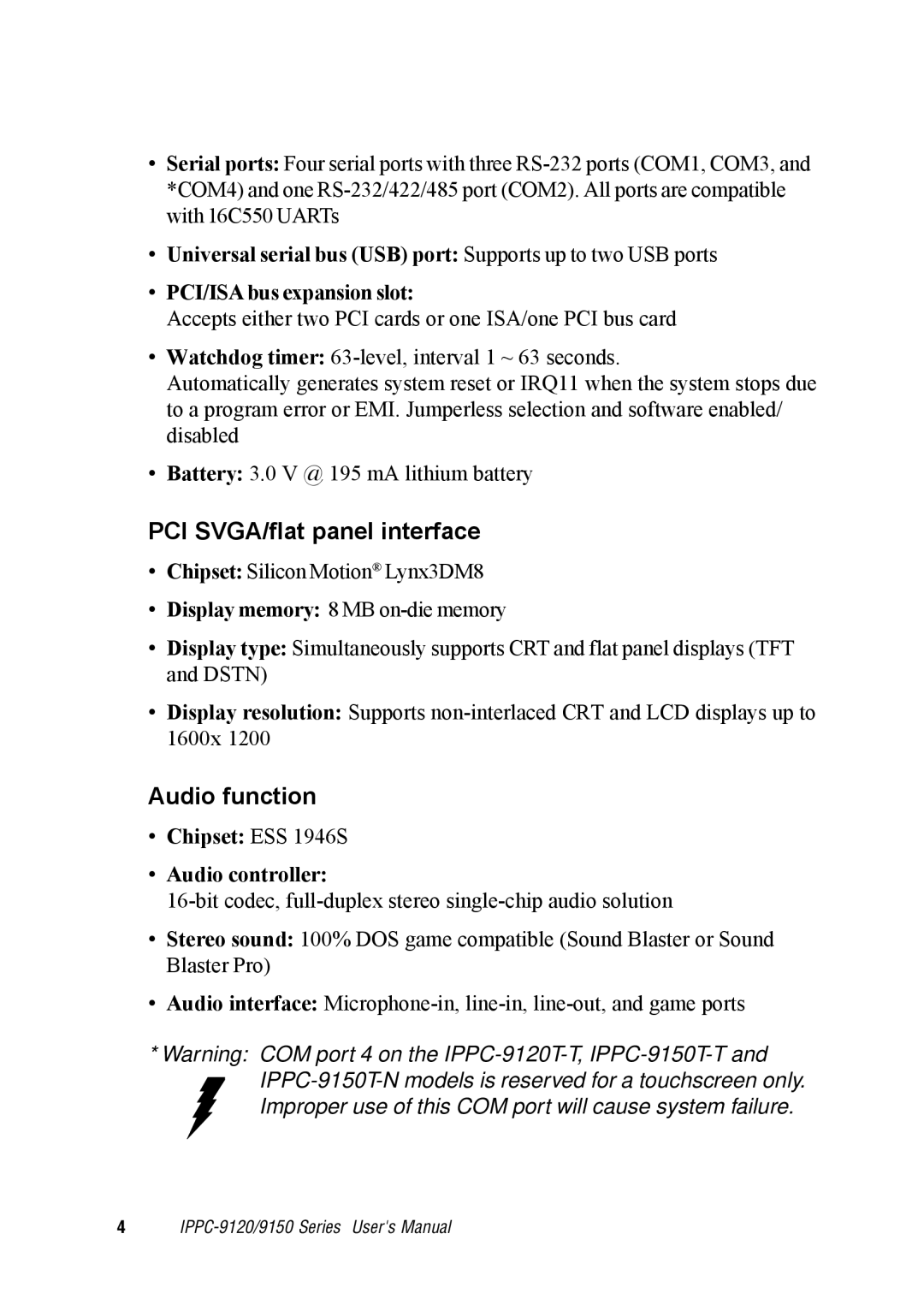 Advantech IPPC-9150, IPPC-9120 user manual PCI SVGA/flat panel interface, Audio function 