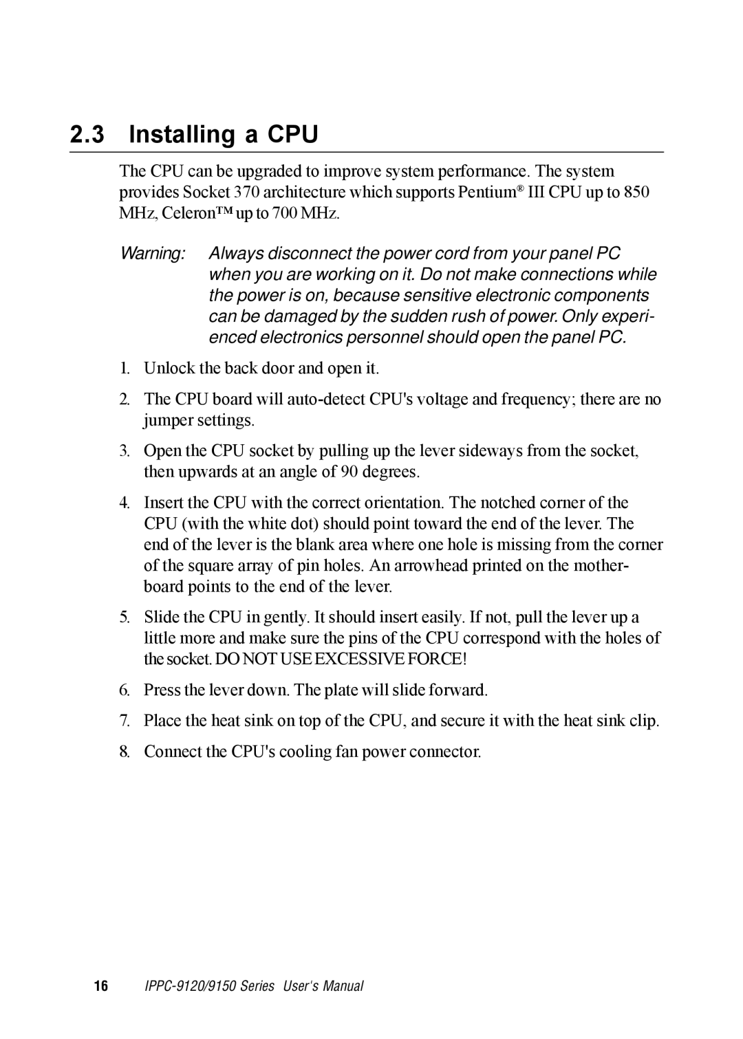 Advantech IPPC-9150, IPPC-9120 user manual Installing a CPU 