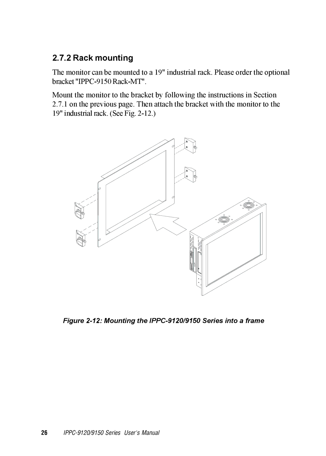 Advantech IPPC-9150 user manual Rack mounting, Mounting the IPPC-9120/9150 Series into a frame 