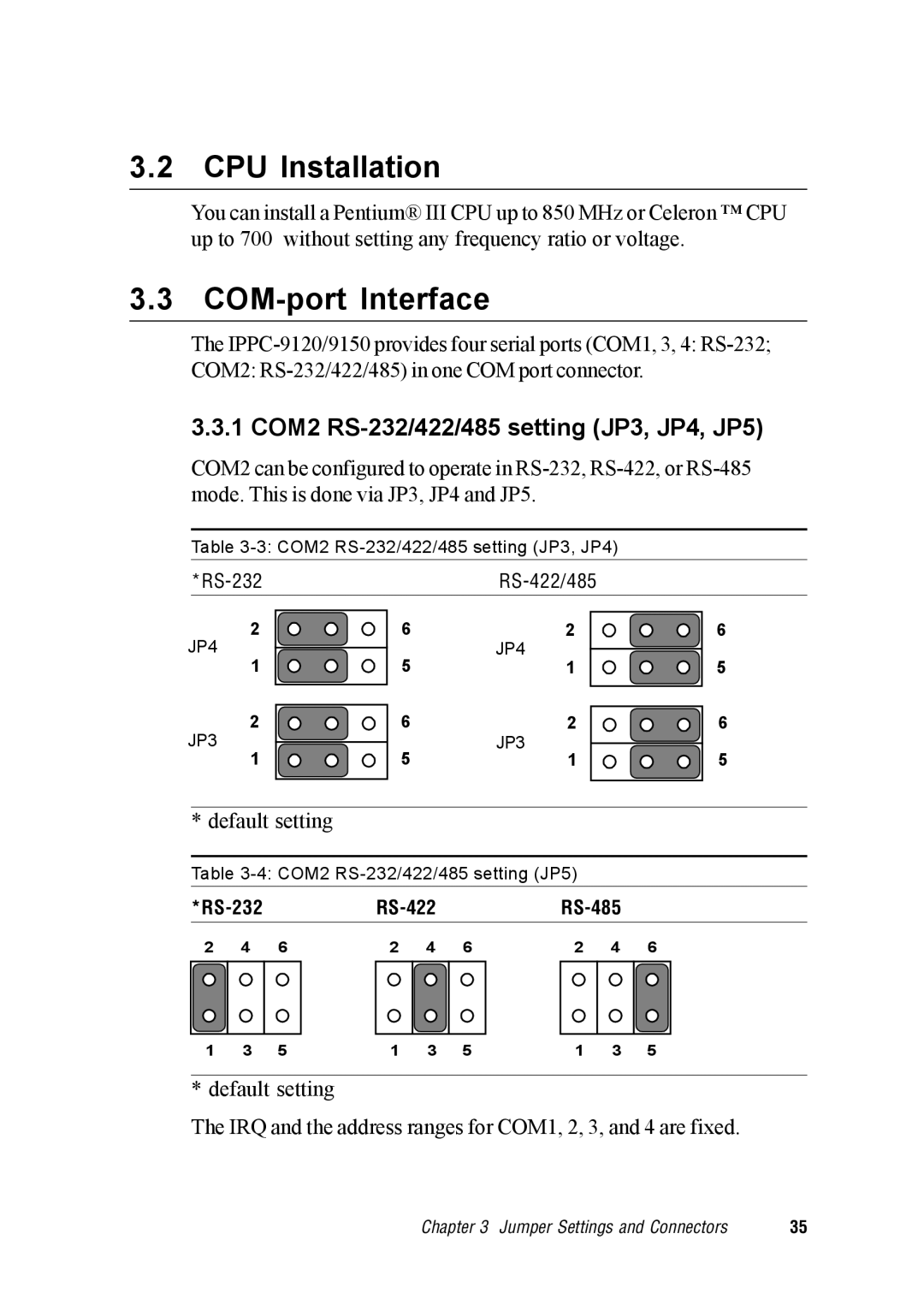 Advantech IPPC-9120, IPPC-9150 user manual CPU Installation, COM-port Interface, 1 COM2 RS-232/422/485 setting JP3, JP4, JP5 