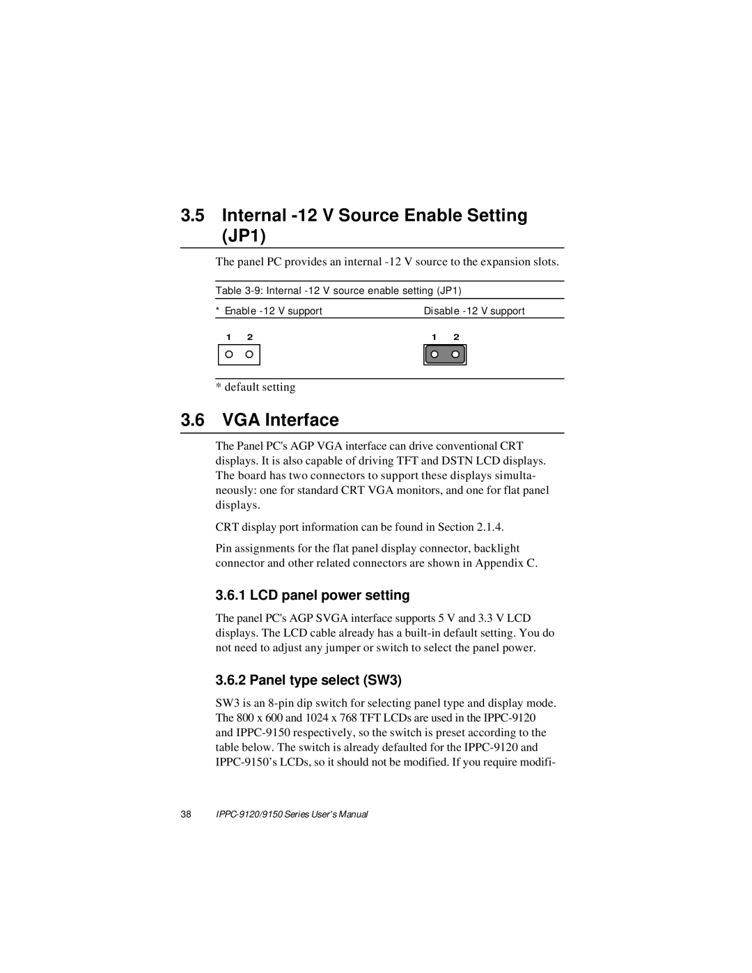 Advantech IPPC-9150, IPPC-9120 user manual Internal -12 V Source Enable Setting JP1, VGA Interface, LCD panel power setting 