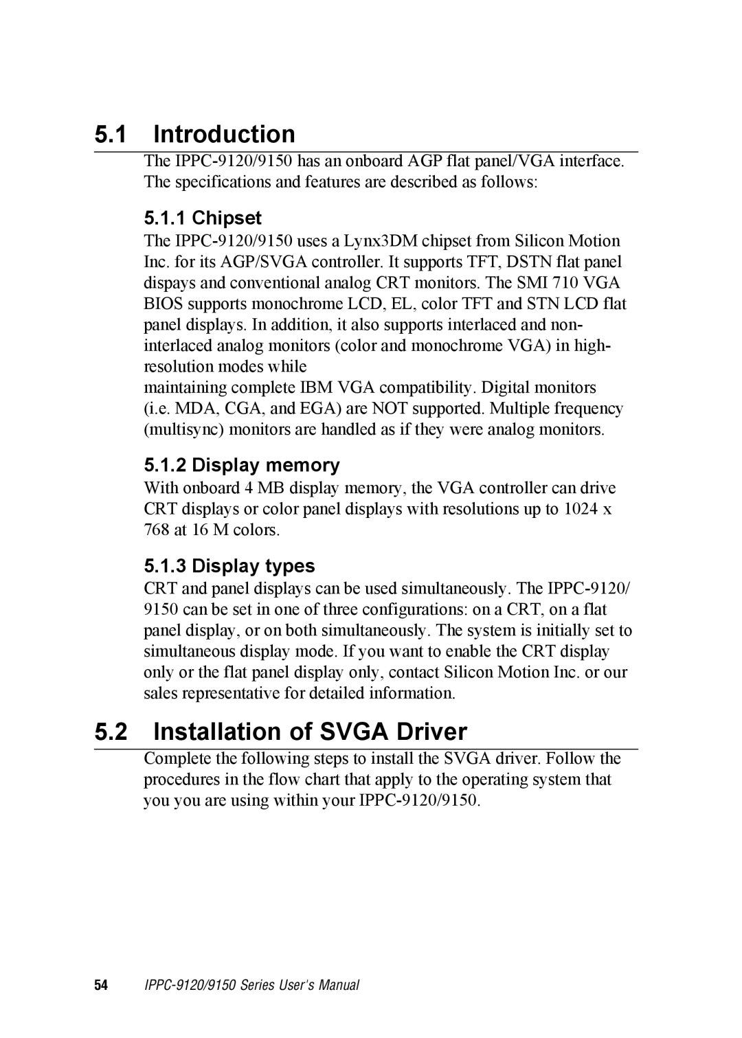 Advantech IPPC-9150, IPPC-9120 user manual Installation of Svga Driver, Chipset, Display memory, Display types 