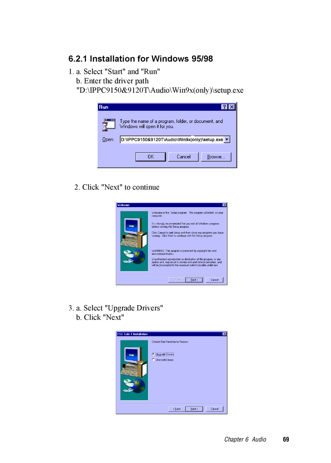 Advantech IPPC-9120, IPPC-9150 user manual Installation for Windows 95/98 