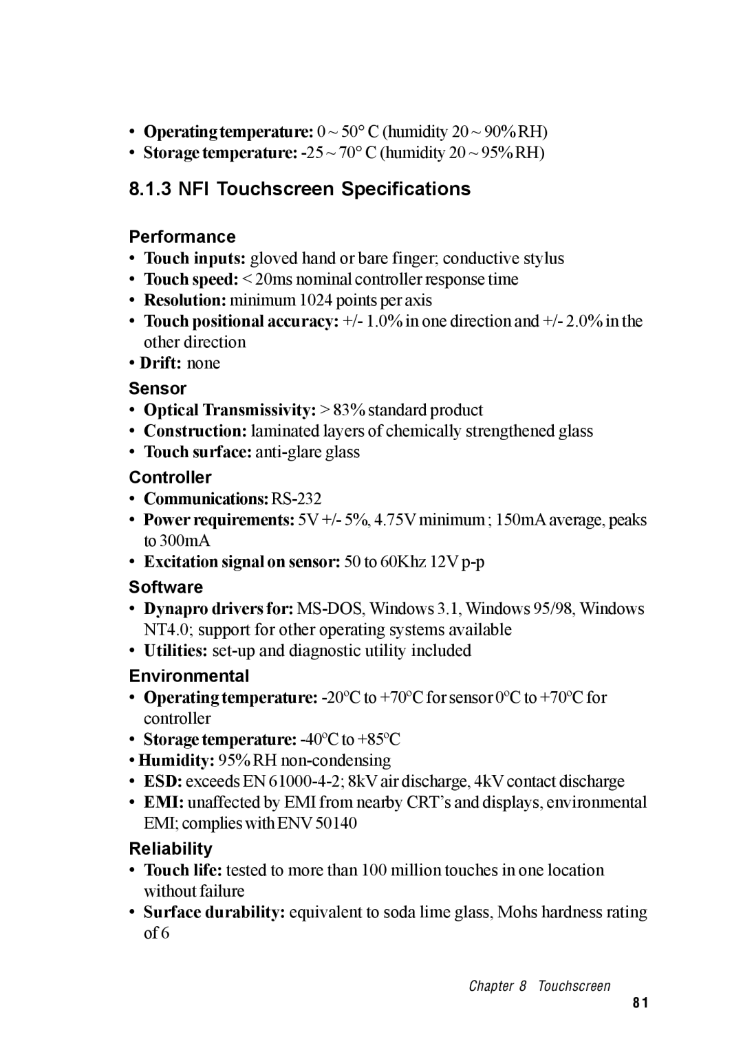 Advantech IPPC-9120, IPPC-9150 user manual NFI Touchscreen Specifications, Performance 