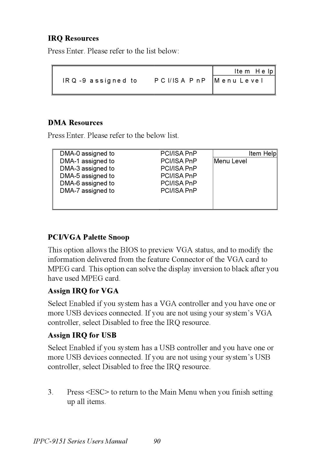 Advantech IPPC-9151 Series IRQ Resources, DMA Resources, PCI/VGA Palette Snoop, Assign IRQ for VGA, Assign IRQ for USB 