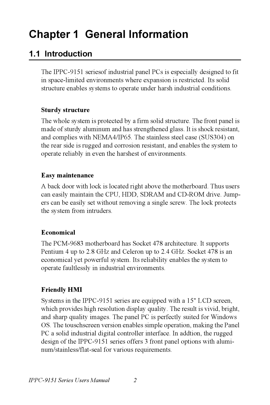 Advantech IPPC-9151 Series user manual Introduction, Sturdy structure, Easy maintenance, Economical, Friendly HMI 