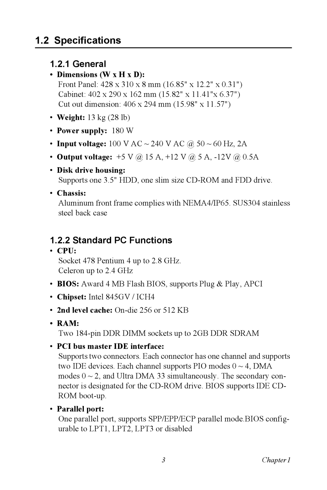 Advantech IPPC-9151 Series user manual Specifications, General, Standard PC Functions 