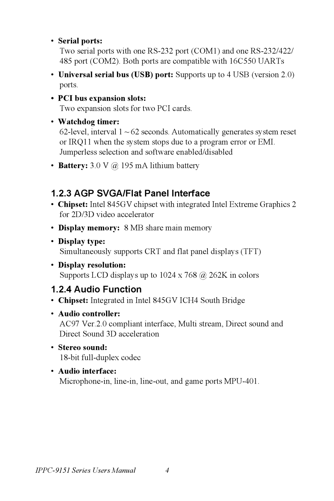 Advantech IPPC-9151 Series user manual AGP SVGA/Flat Panel Interface, Audio Function 