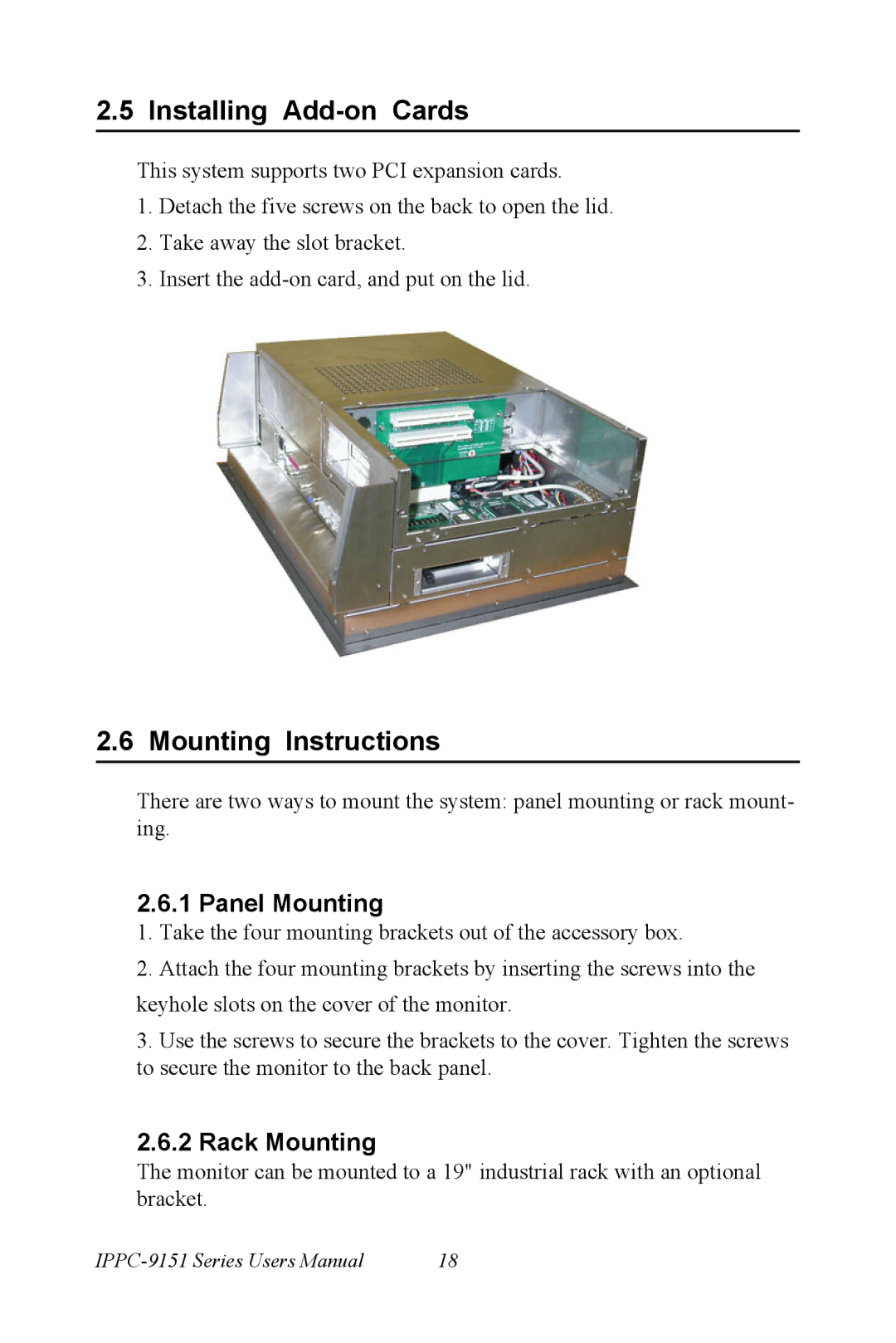 Advantech IPPC-9151 Series user manual Installing Add-on Cards, Mounting Instructions, Panel Mounting, Rack Mounting 