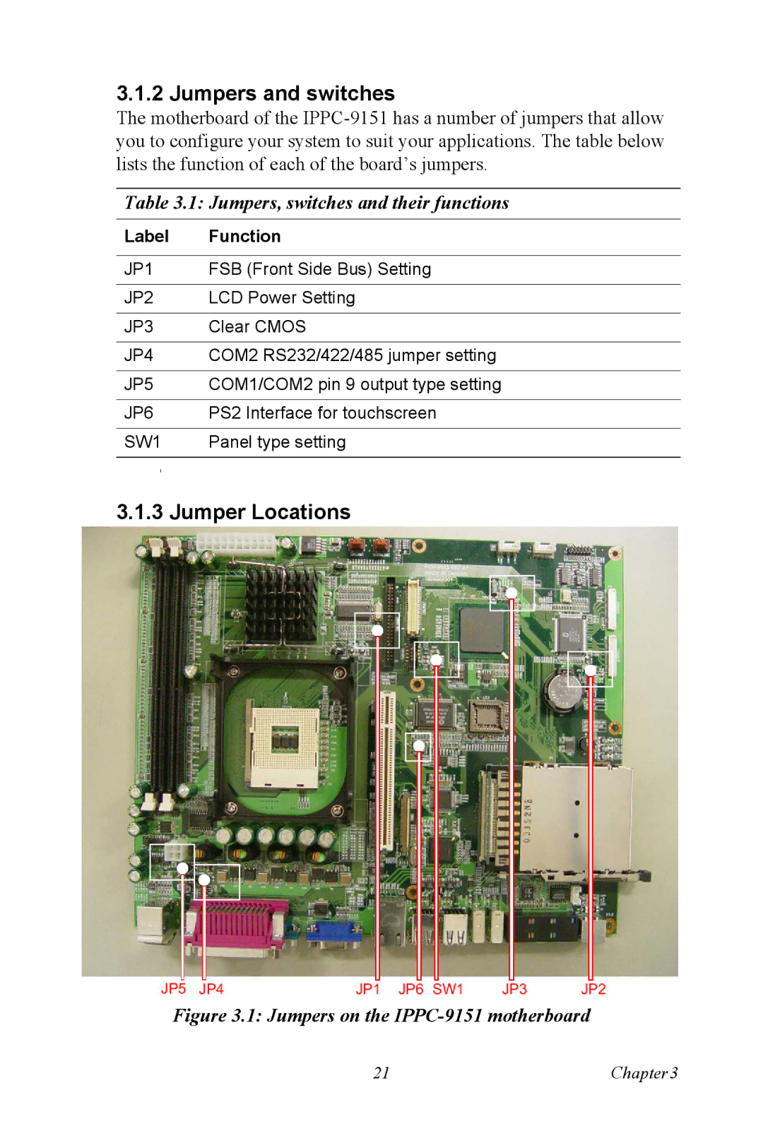 Advantech IPPC-9151 Series user manual Jumpers and switches, Jumper Locations 