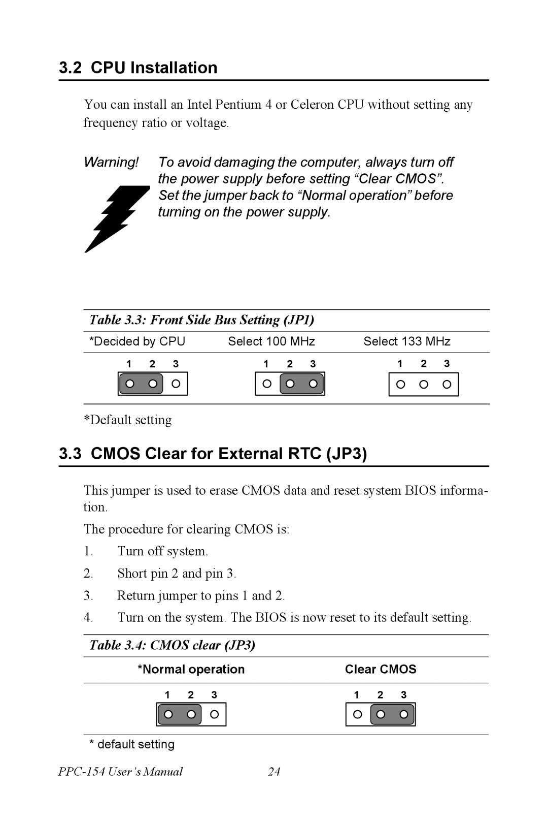 Advantech IPPC-9151 Series user manual CPU Installation, Cmos Clear for External RTC JP3 