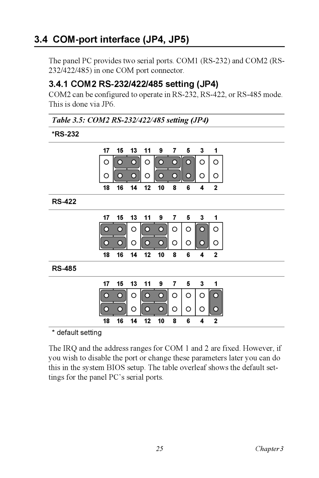 Advantech IPPC-9151 Series user manual COM-port interface JP4, JP5, 1 COM2 RS-232/422/485 setting JP4 