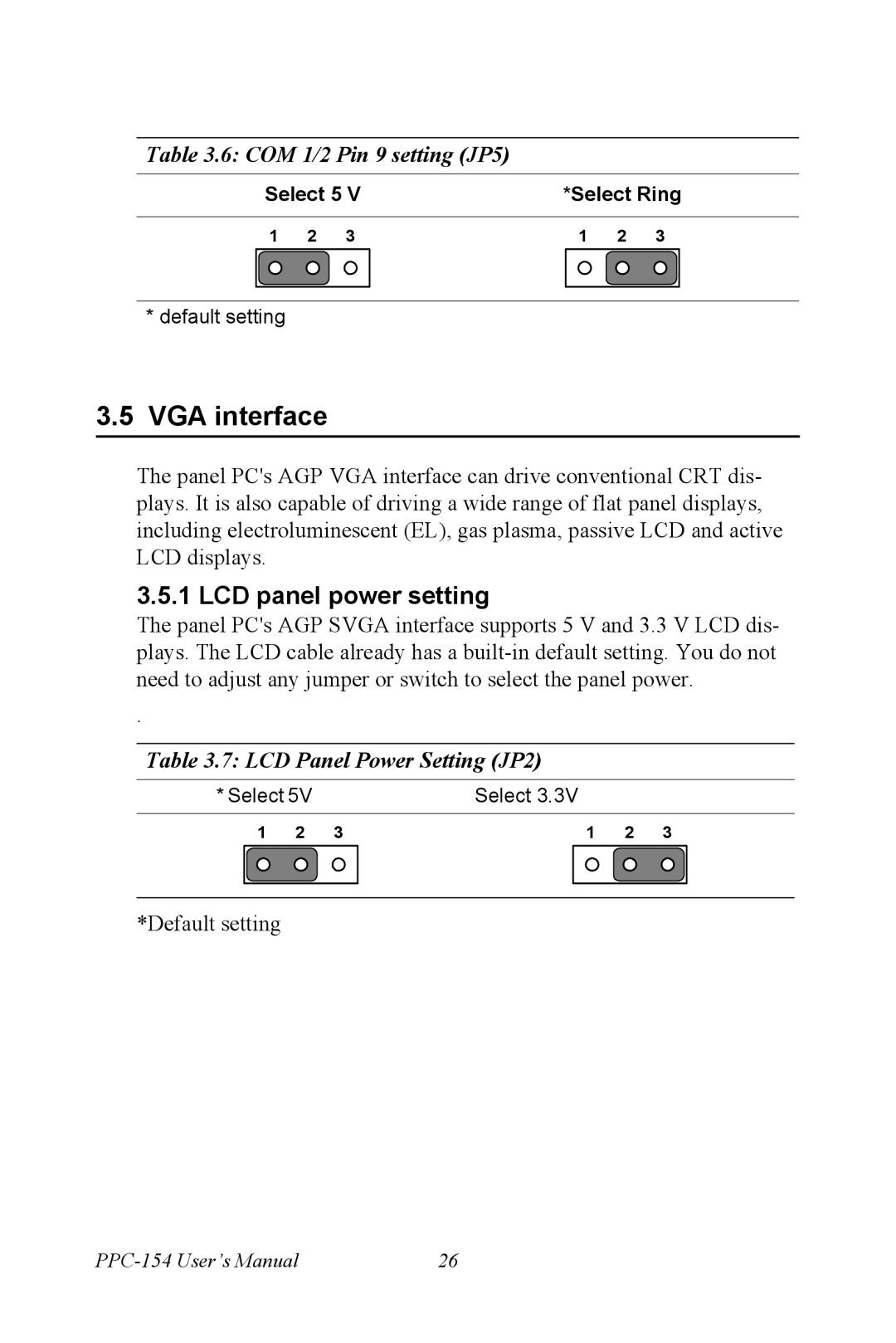 Advantech IPPC-9151 Series user manual VGA interface, LCD panel power setting 