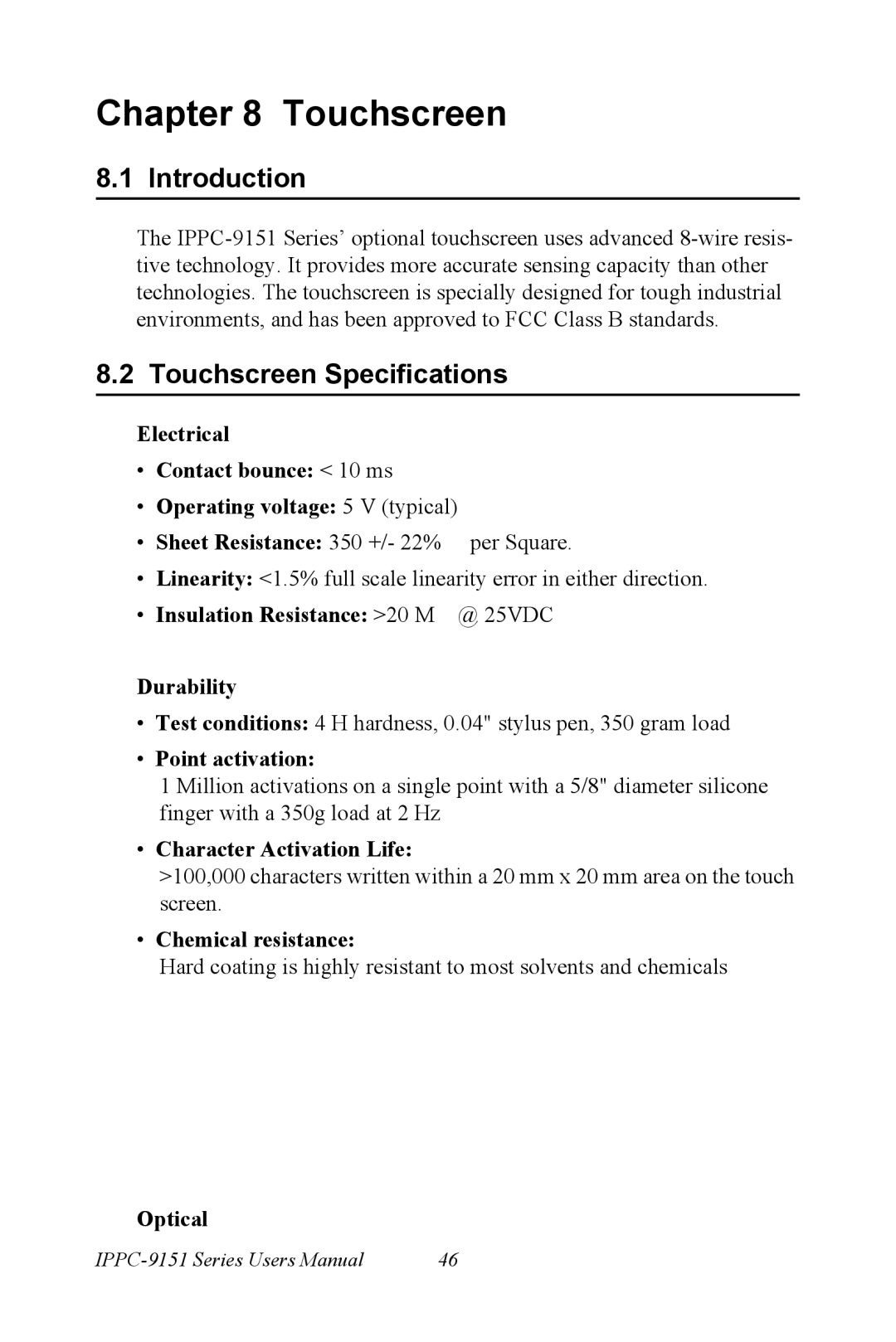 Advantech IPPC-9151 Series user manual Touchscreen Specifications 