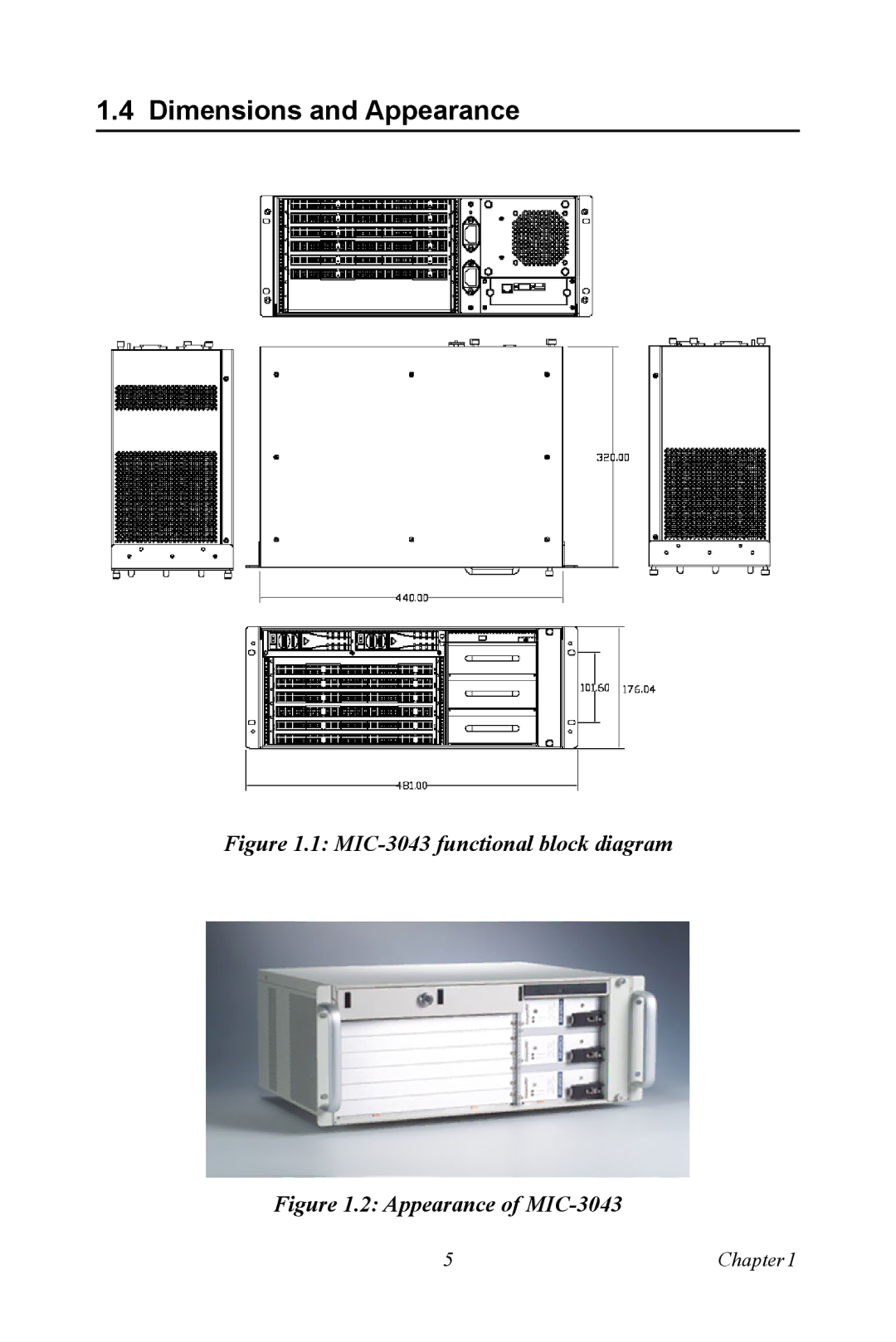 Advantech user manual Dimensions and Appearance, MIC-3043 functional block diagram 