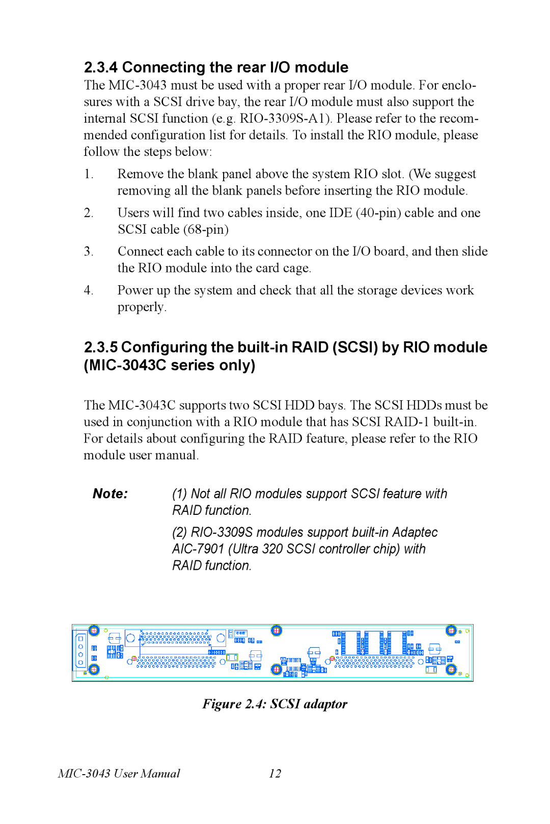 Advantech MIC-3043 user manual Connecting the rear I/O module, Scsi adaptor 