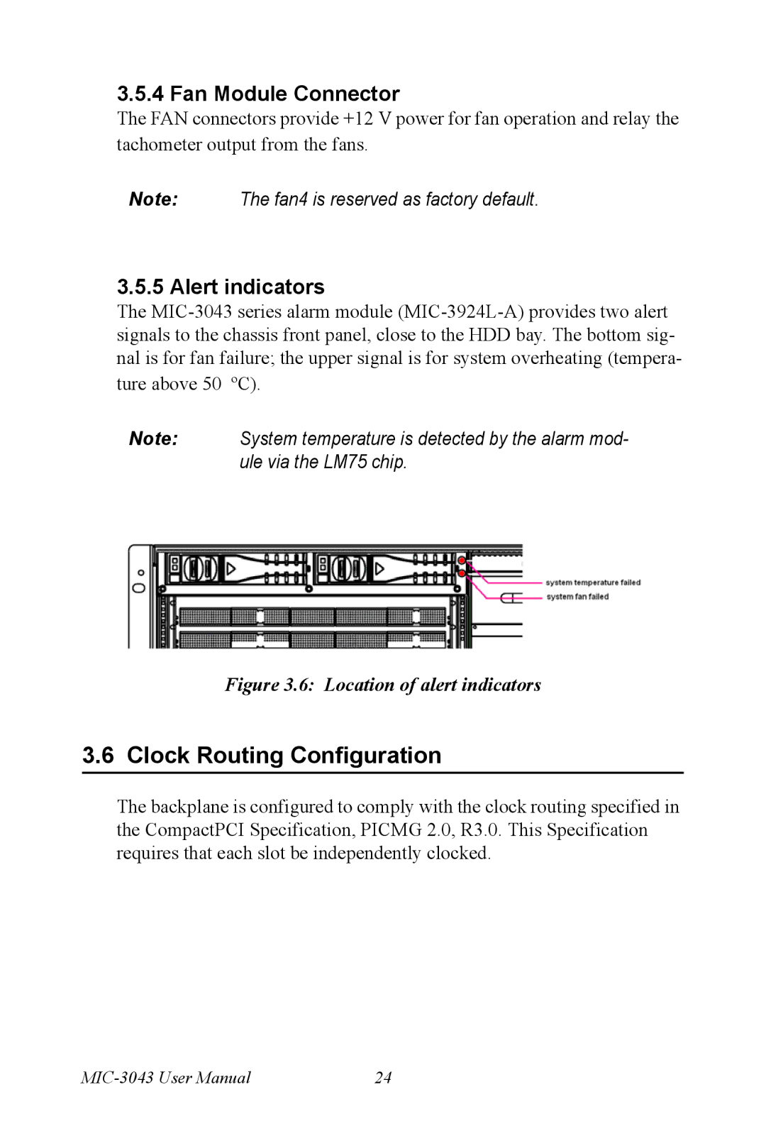 Advantech MIC-3043 user manual Clock Routing Configuration, Fan Module Connector, Alert indicators 