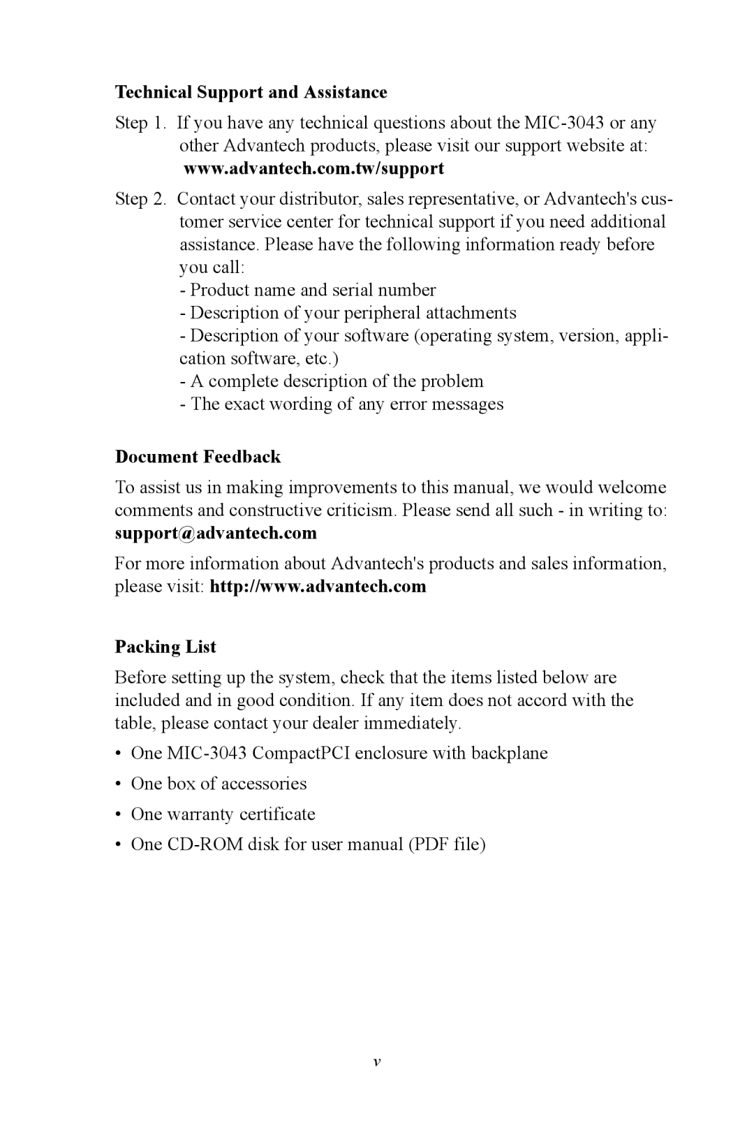 Advantech MIC-3043 user manual Technical Support and Assistance, Document Feedback, Packing List 