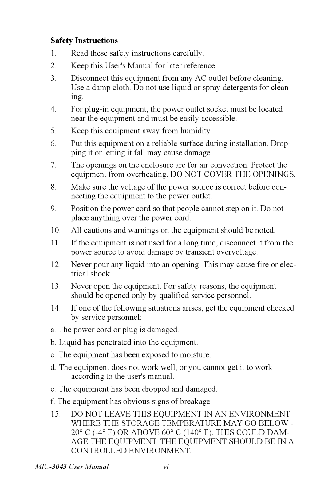 Advantech MIC-3043 user manual Safety Instructions 