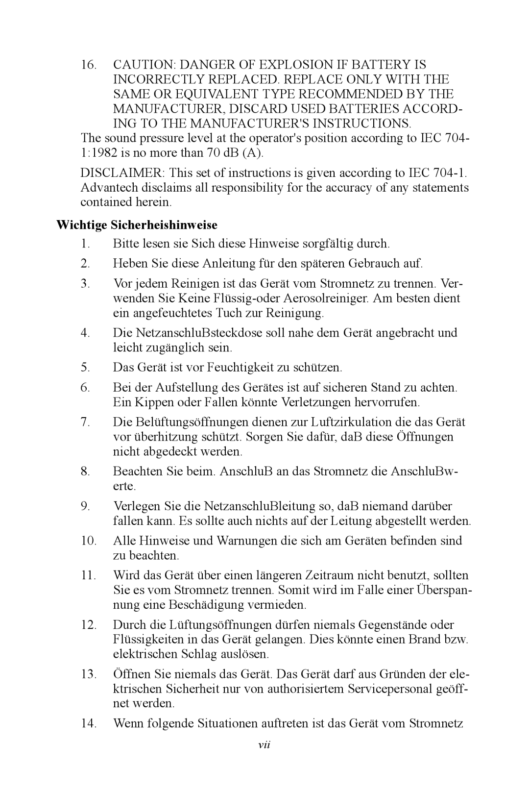 Advantech MIC-3043 user manual ING to the Manufacturers Instructions, Wichtige Sicherheishinweise 