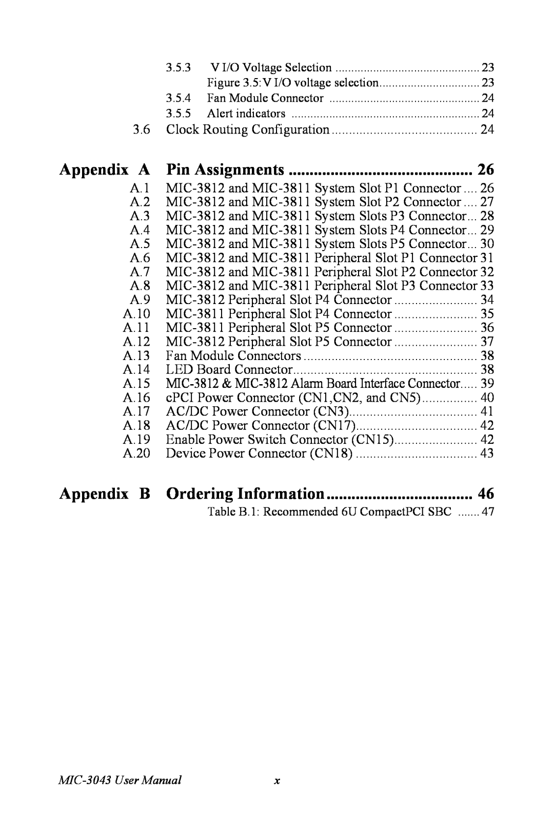 Advantech MIC-3043 user manual Appendix A, Pin Assignments, Appendix B Ordering Information 