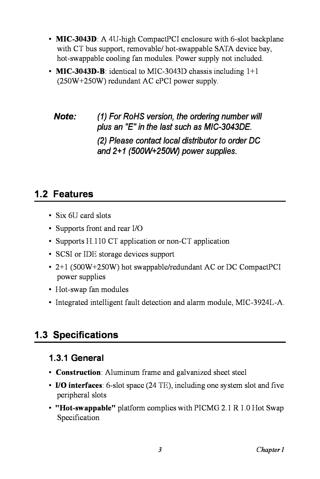 Advantech MIC-3043 user manual Features, Specifications, General 