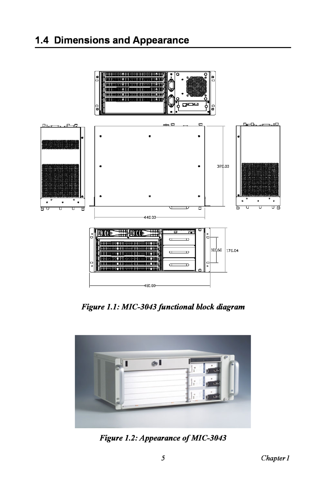 Advantech user manual Dimensions and Appearance, 1 MIC-3043 functional block diagram, 2 Appearance of MIC-3043 