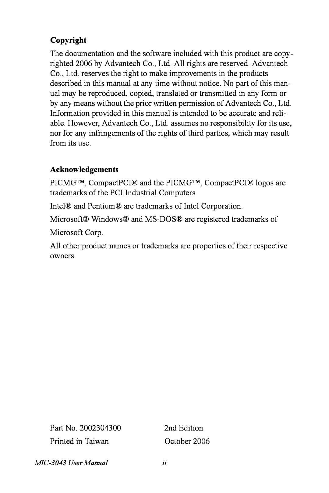 Advantech user manual Copyright, Acknowledgements, 2nd Edition, Printed in Taiwan, October, MIC-3043 User Manual 
