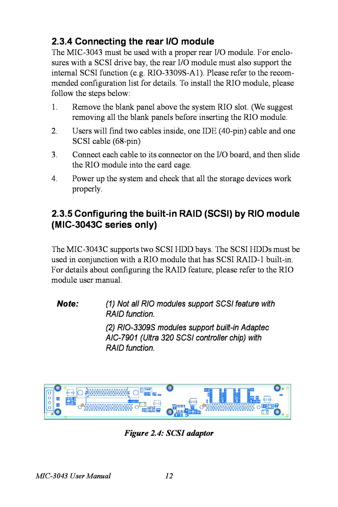 Advantech MIC-3043 Connecting the rear I/O module, Note 1 Not all RIO modules support SCSI feature with RAID function 
