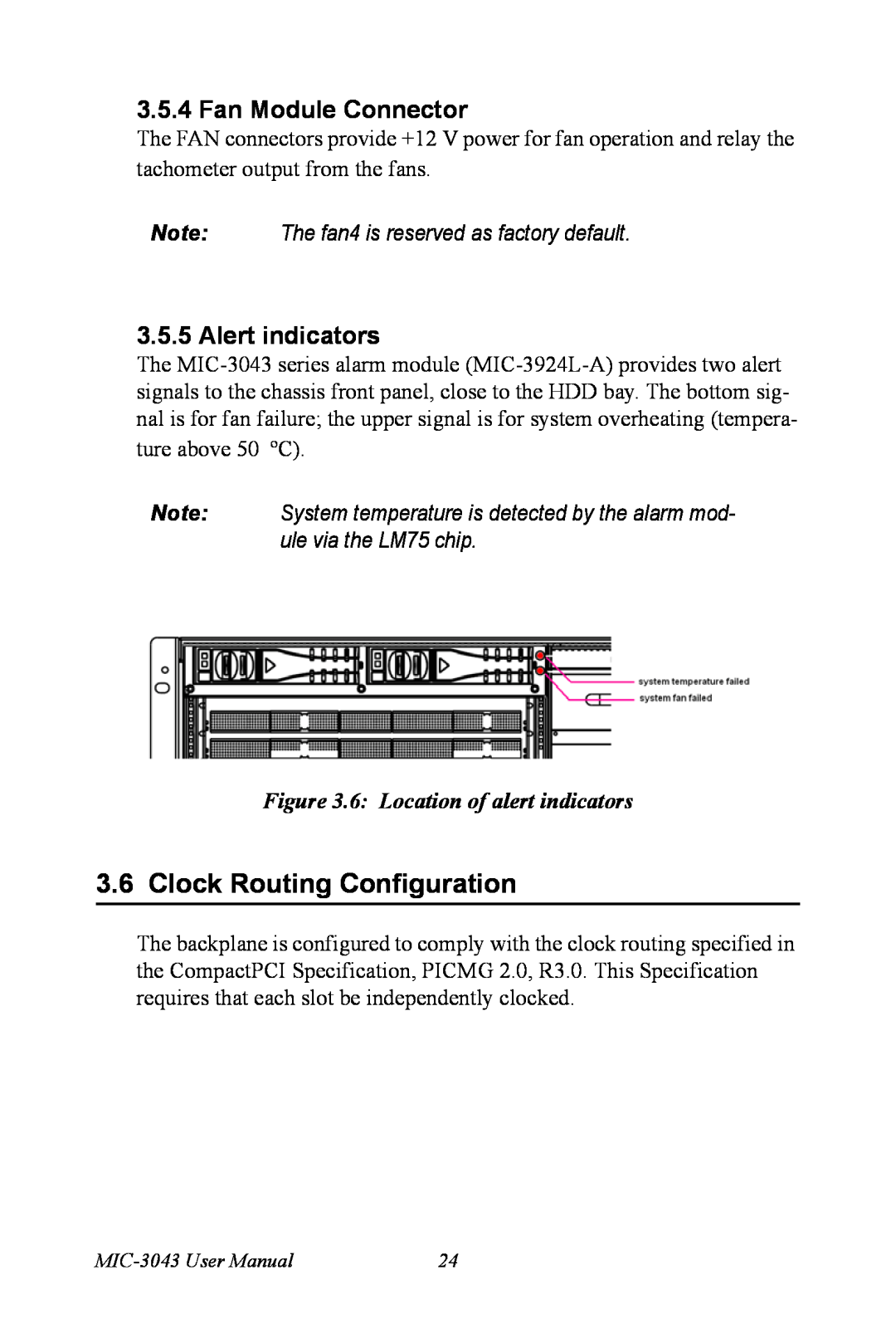 Advantech MIC-3043 Clock Routing Configuration, Fan Module Connector, Alert indicators, 6 Location of alert indicators 