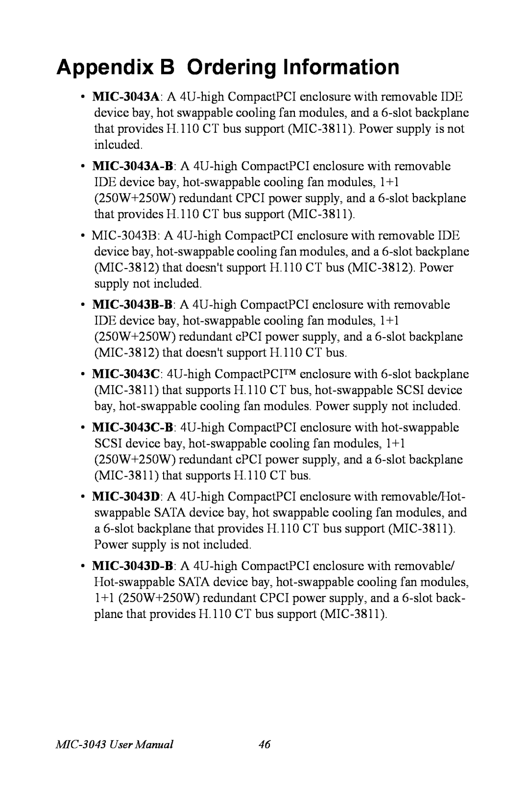 Advantech MIC-3043 user manual Appendix B Ordering Information 