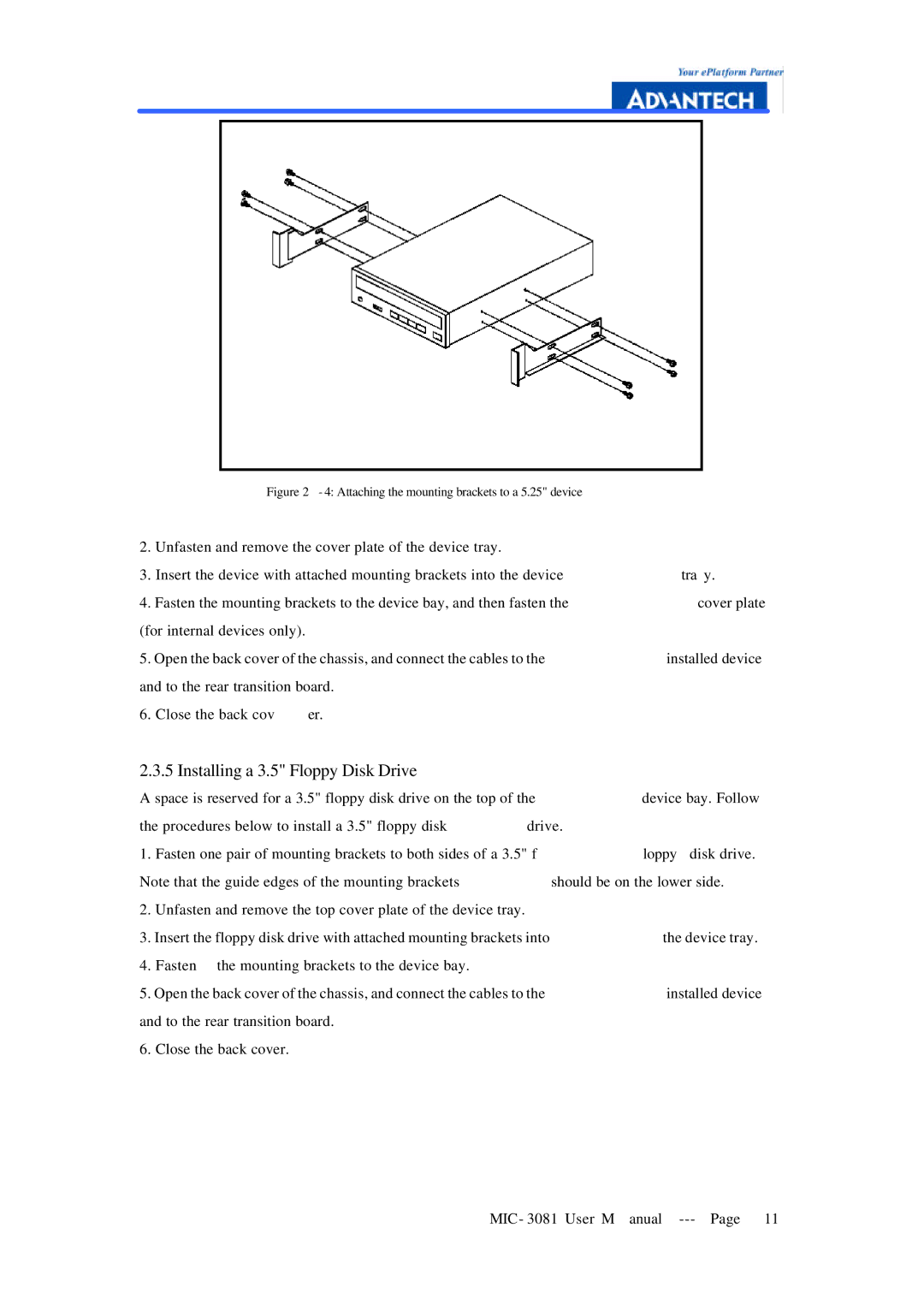 Advantech MIC-3081 manual Installing a 3.5 Floppy Disk Drive, Attaching the mounting brackets to a 5.25 device 