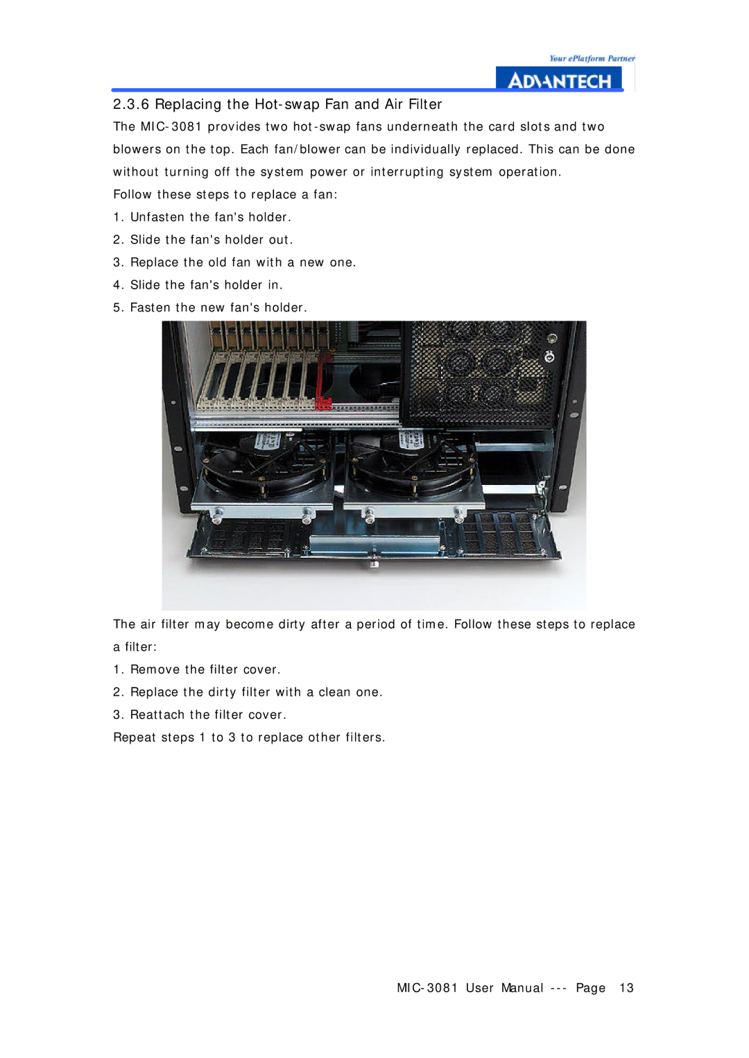 Advantech MIC-3081 manual Replacing the Hot-swap Fan and Air Filter 