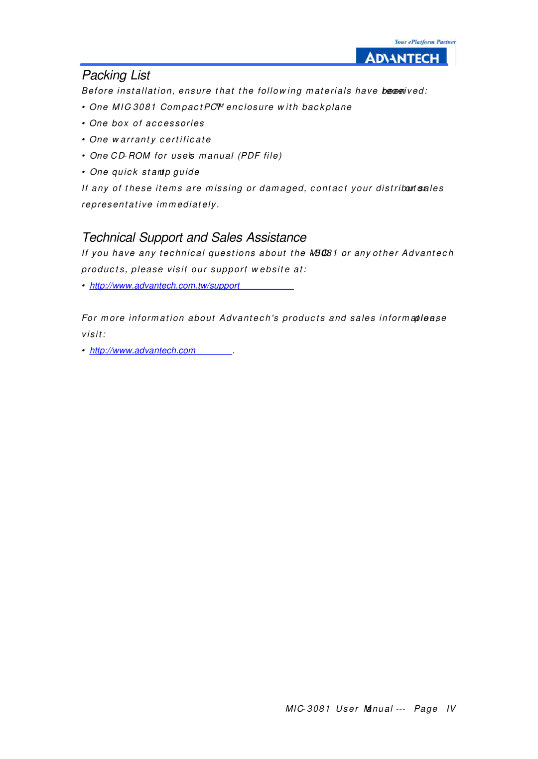 Advantech MIC-3081 manual Packing List 