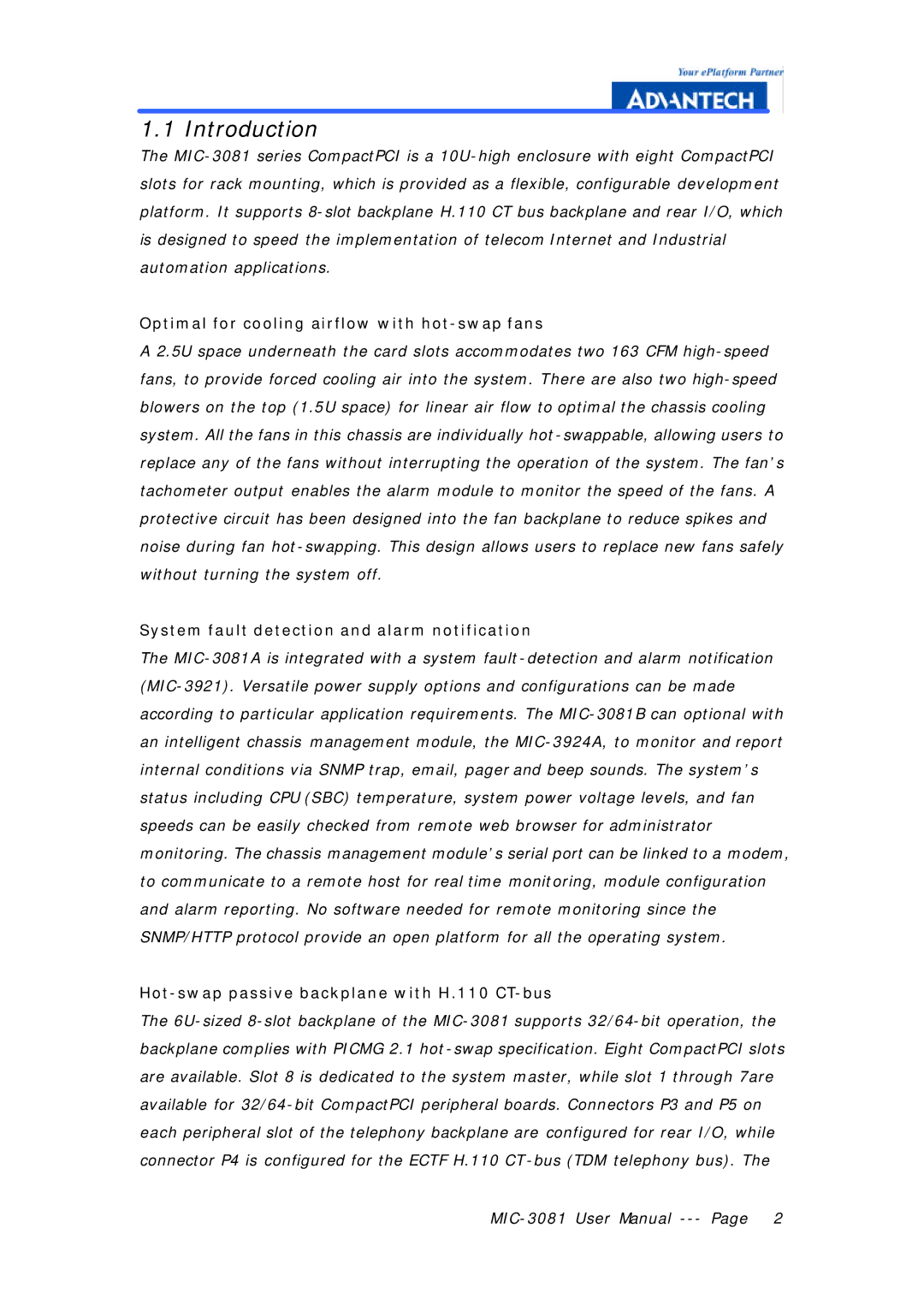 Advantech MIC-3081 manual Introduction, Optimal for cooling airflow with hot-swap fans 