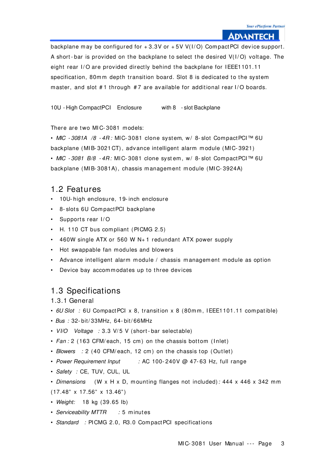 Advantech MIC-3081 manual Features, Specifications, General 