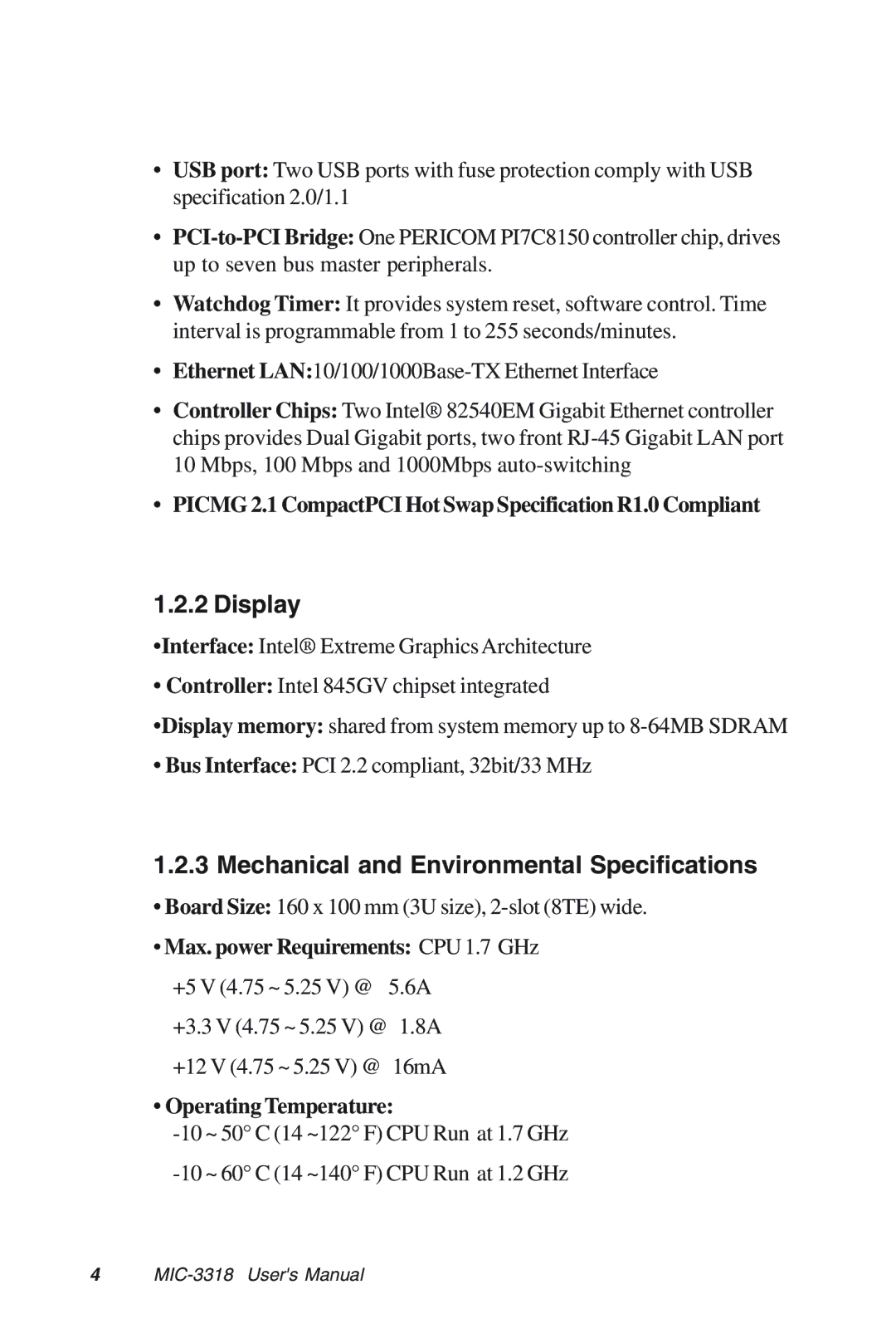 Advantech MIC-3318 manual Display, Mechanical and Environmental Specifications 