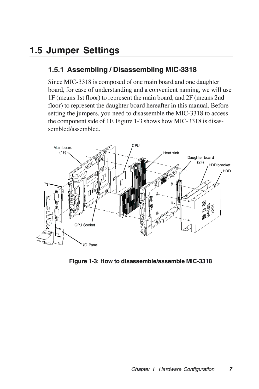 Advantech manual Jumper Settings, Assembling / Disassembling MIC-3318 