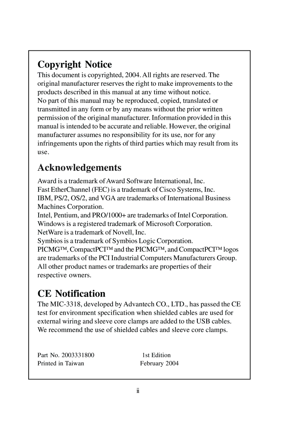 Advantech MIC-3318 manual CE Notification 