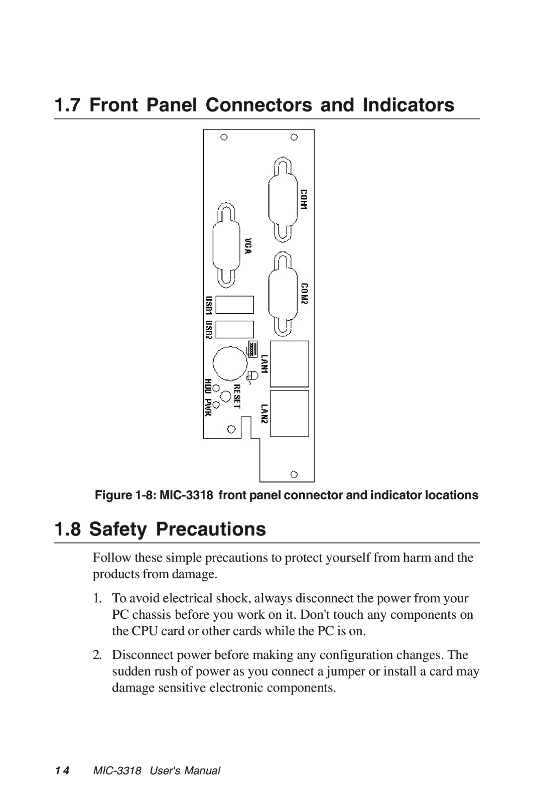 Advantech MIC-3318 manual Front Panel Connectors and Indicators, Safety Precautions 