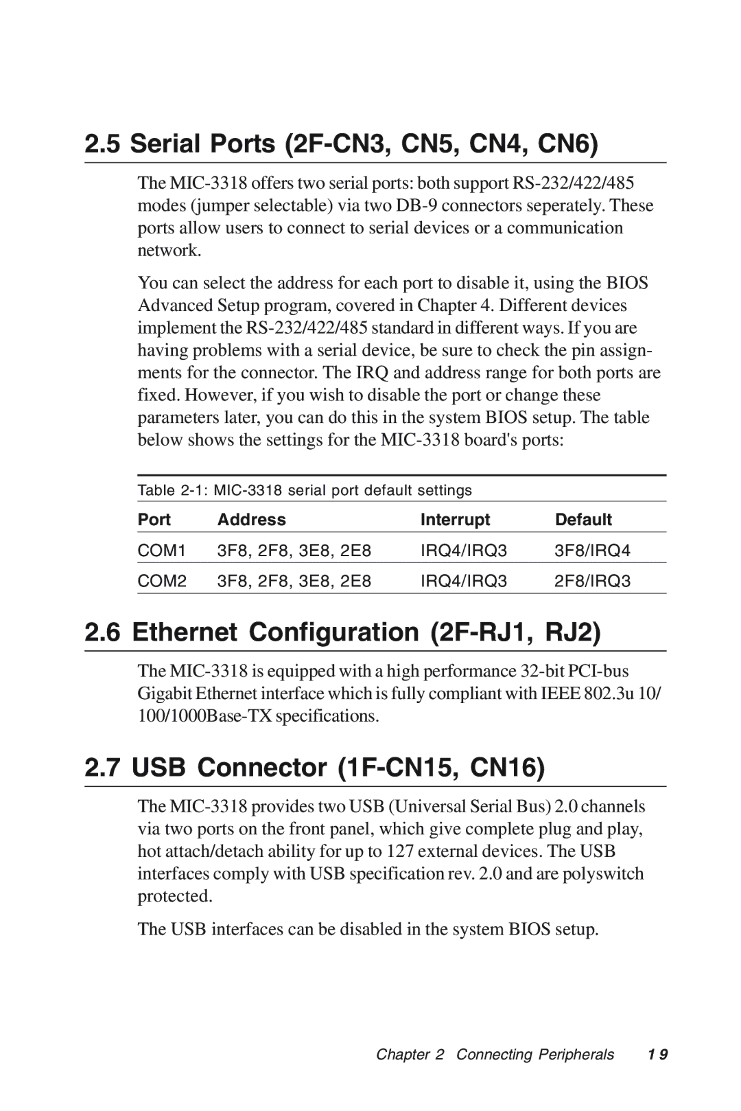 Advantech MIC-3318 Serial Ports 2F-CN3, CN5, CN4, CN6, Ethernet Configuration 2F-RJ1, RJ2, USB Connector 1F-CN15, CN16 